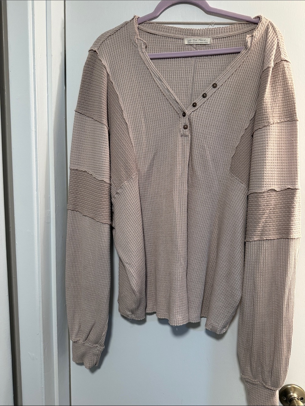 Free People Taupe Waffle Knit Henley Long Sleeve Top